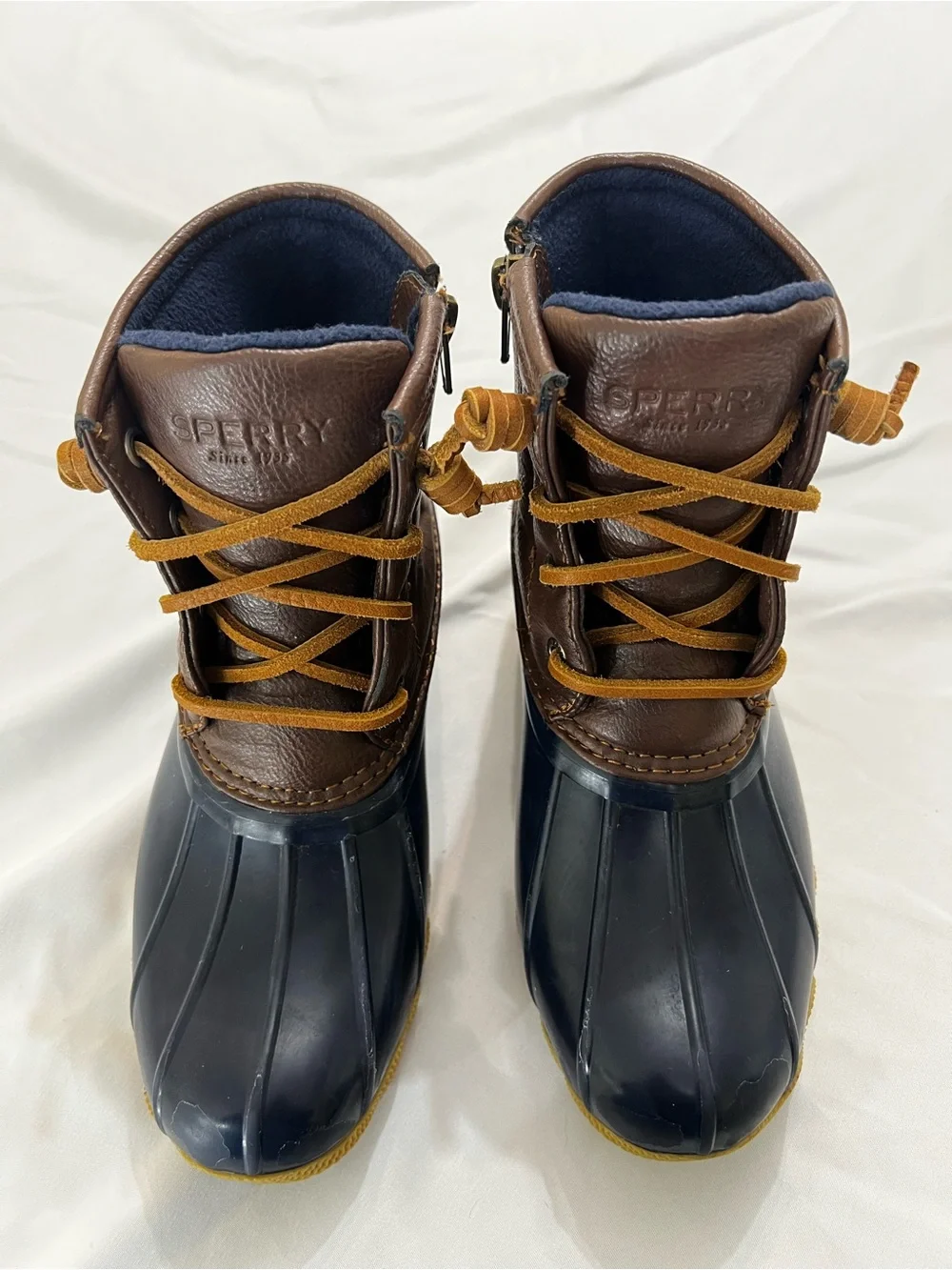 Sperry Navy and Brown Girls Waterproof Duck Boots Size 1 Minor Flaws